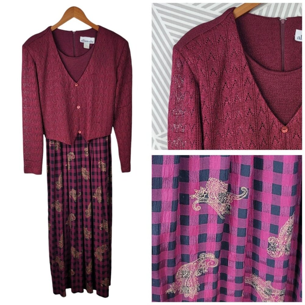 Vintage 80s Shirt Jacket Dress size 16 Plaid Cottagecore alt midi long Red